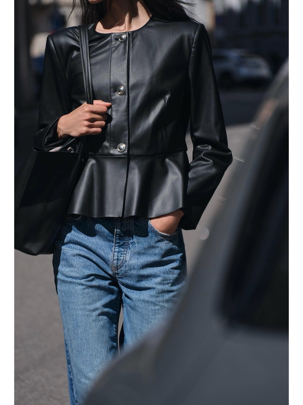 ZW Faux Leather Peplum Jacket - Black